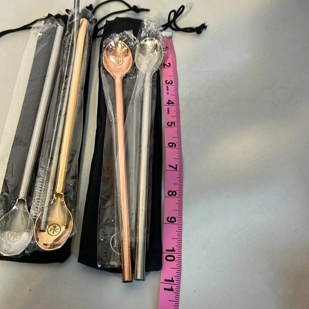 Pampered Chef Bundle Stainless Steel Metal Spoons & Straw bag cleaning brush